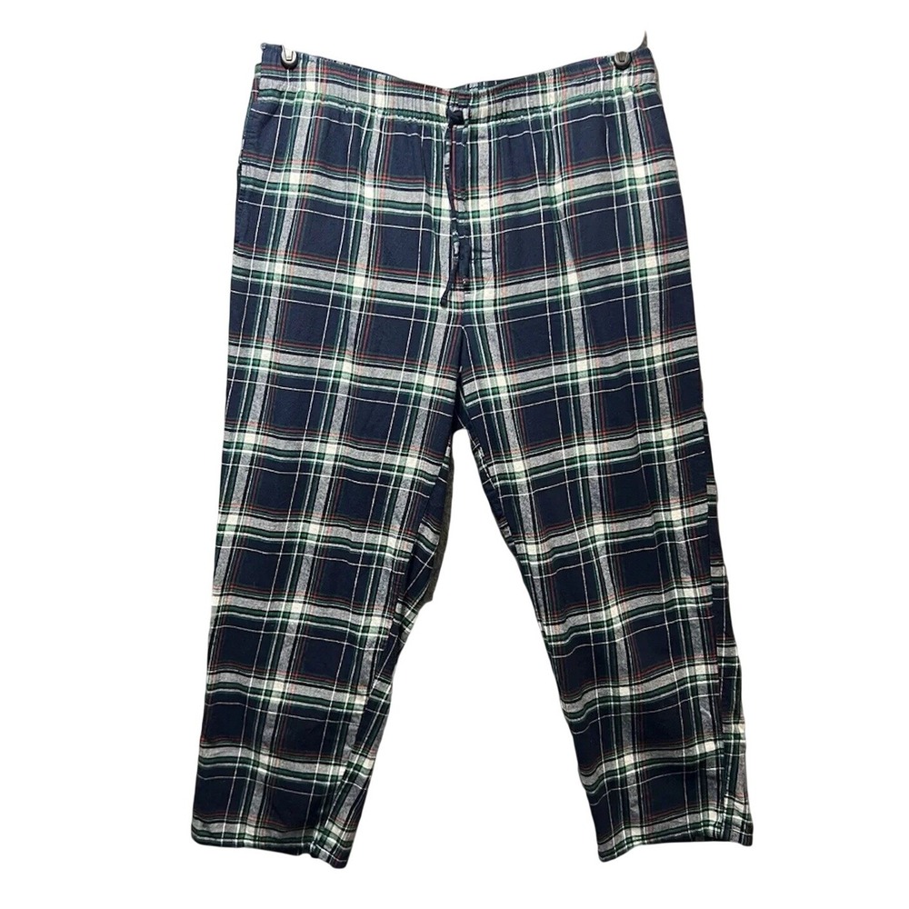 Lands End Mens XL 40-42 Flannel Pajama Pants Navy Blue Green Plaid Cotton Lounge